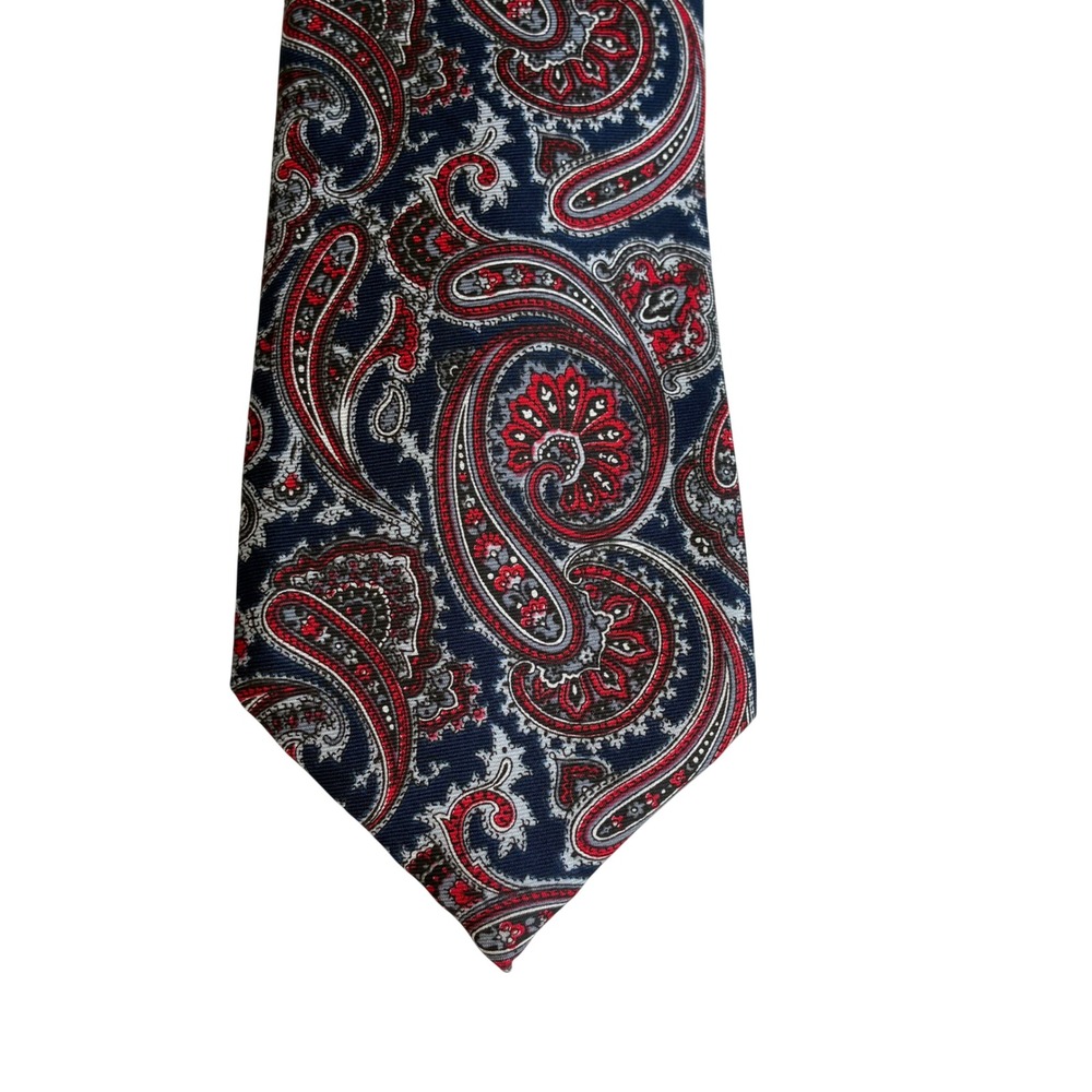 Wembley Vintage Mens Silk Necktie Navy Blue Red Paisley Print Formal Tie
